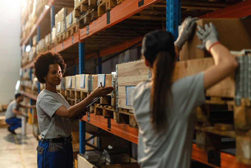 african american worker communicating with her female colleague while preparing shipment industrial warehouse