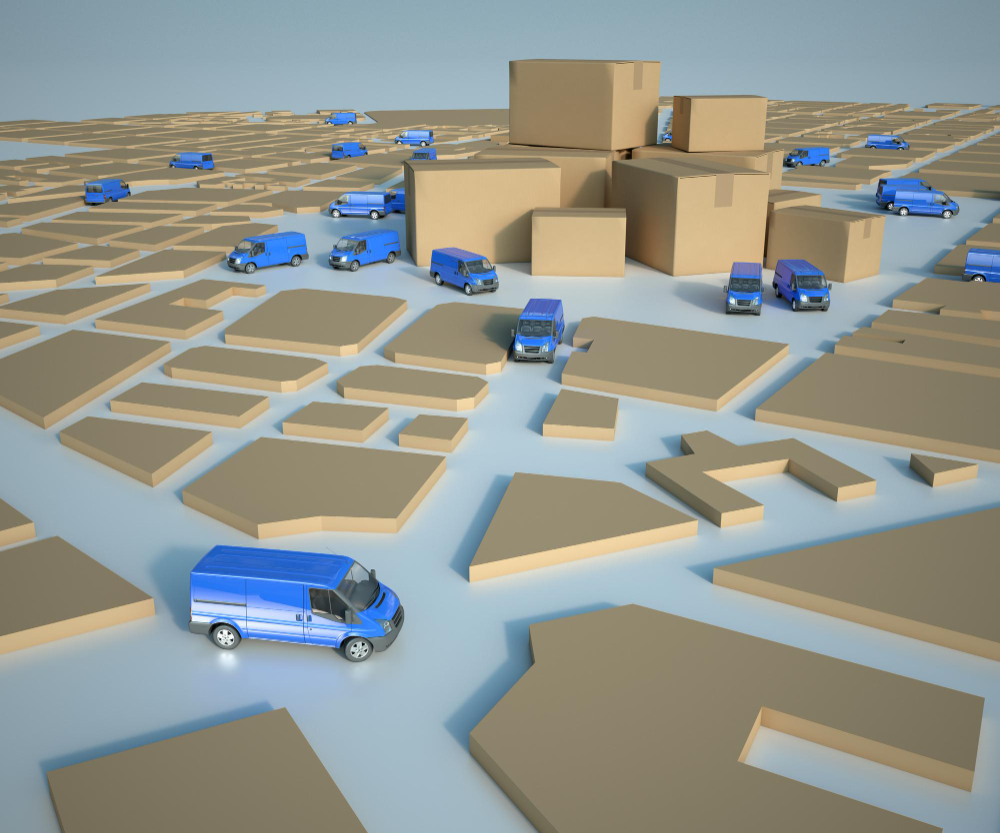 3d rendering cardboard text blue map with blue trucks circulating pile cartons