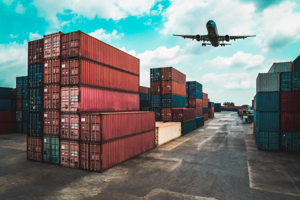 cargo container overseas shipping shipyard with airplane sky