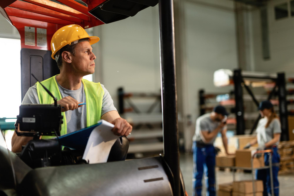 forklift driver going through paperwork thinking something while working distribution warehouse