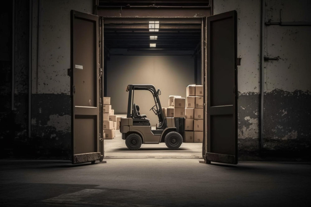 forklift is parked warehouse with stack boxes floor
