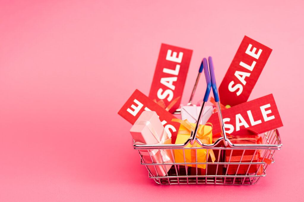 shopping basket with presents and red sale tags on 2024 11 08 11 26 07 utc