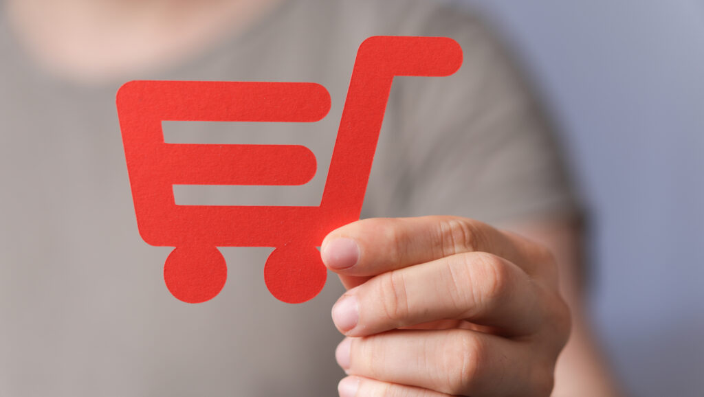 3d rendering of a red shopping cart on a digital b 2025 02 08 22 19 45 utc
