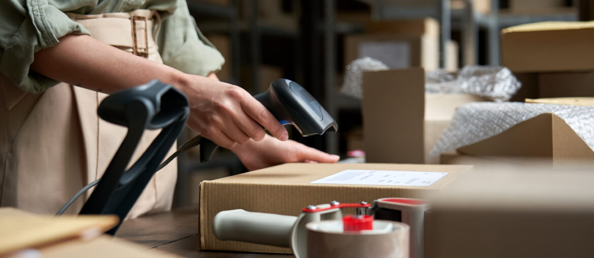 female seller scanning ecommerce shipping box in d 2025 02 11 16 16 04 utc